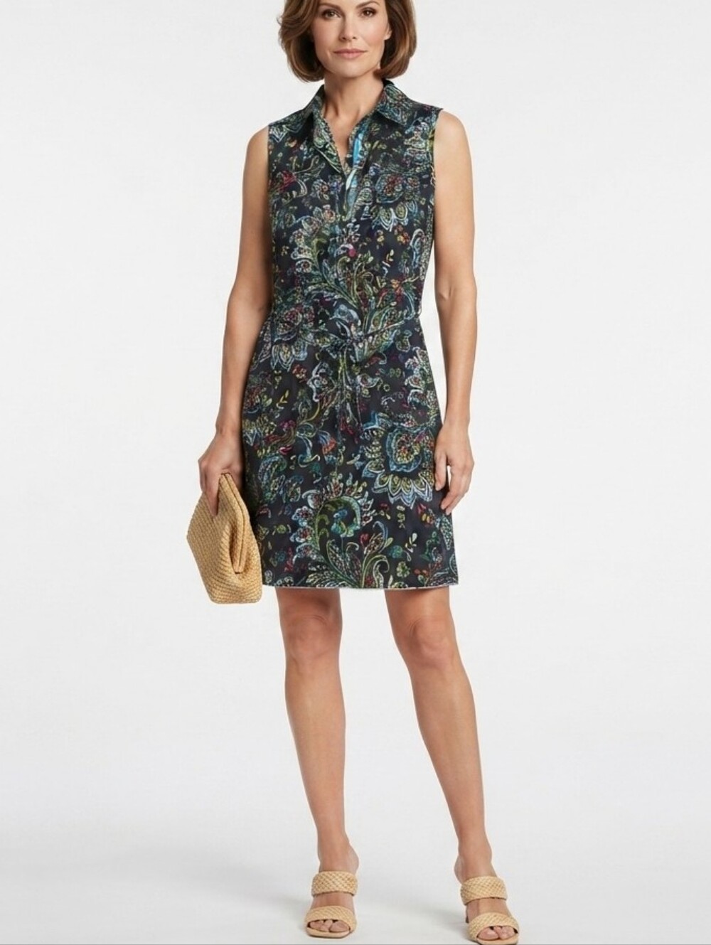 Nwt Cino Lightweight Cotton Paisley Sleeveless Collared Shirt Dress